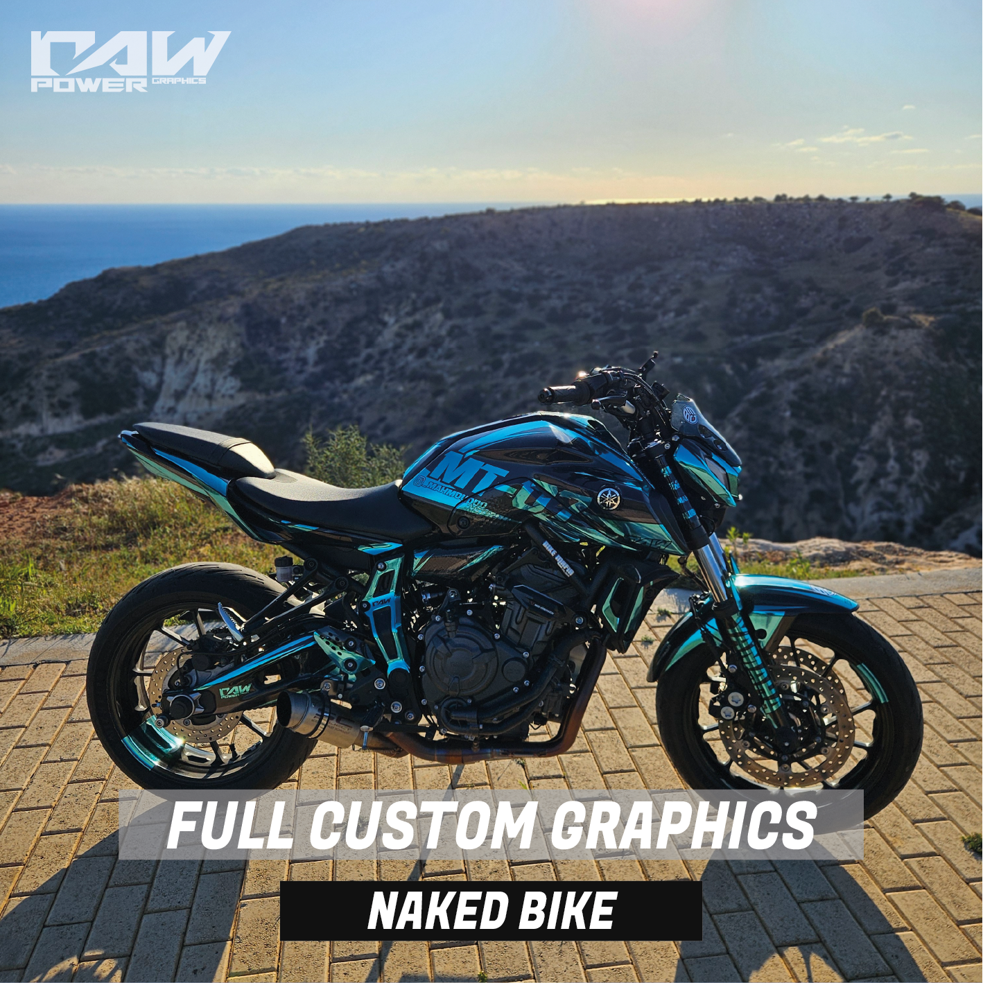 Motorcycle with custom graphics on a scenic background