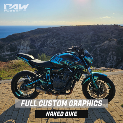Motorcycle with custom graphics on a scenic background