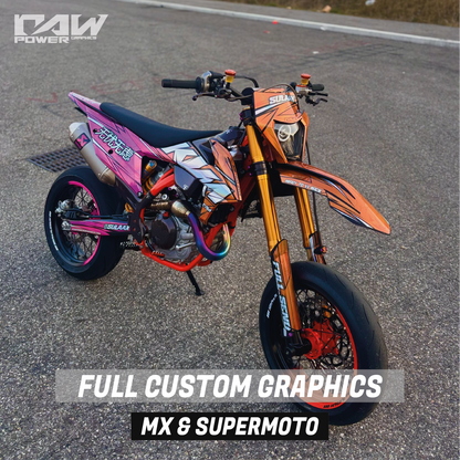 Customized ktm 450 dirt bike supermoto with full graphics on a road, featuring 'RAW Power' branding.