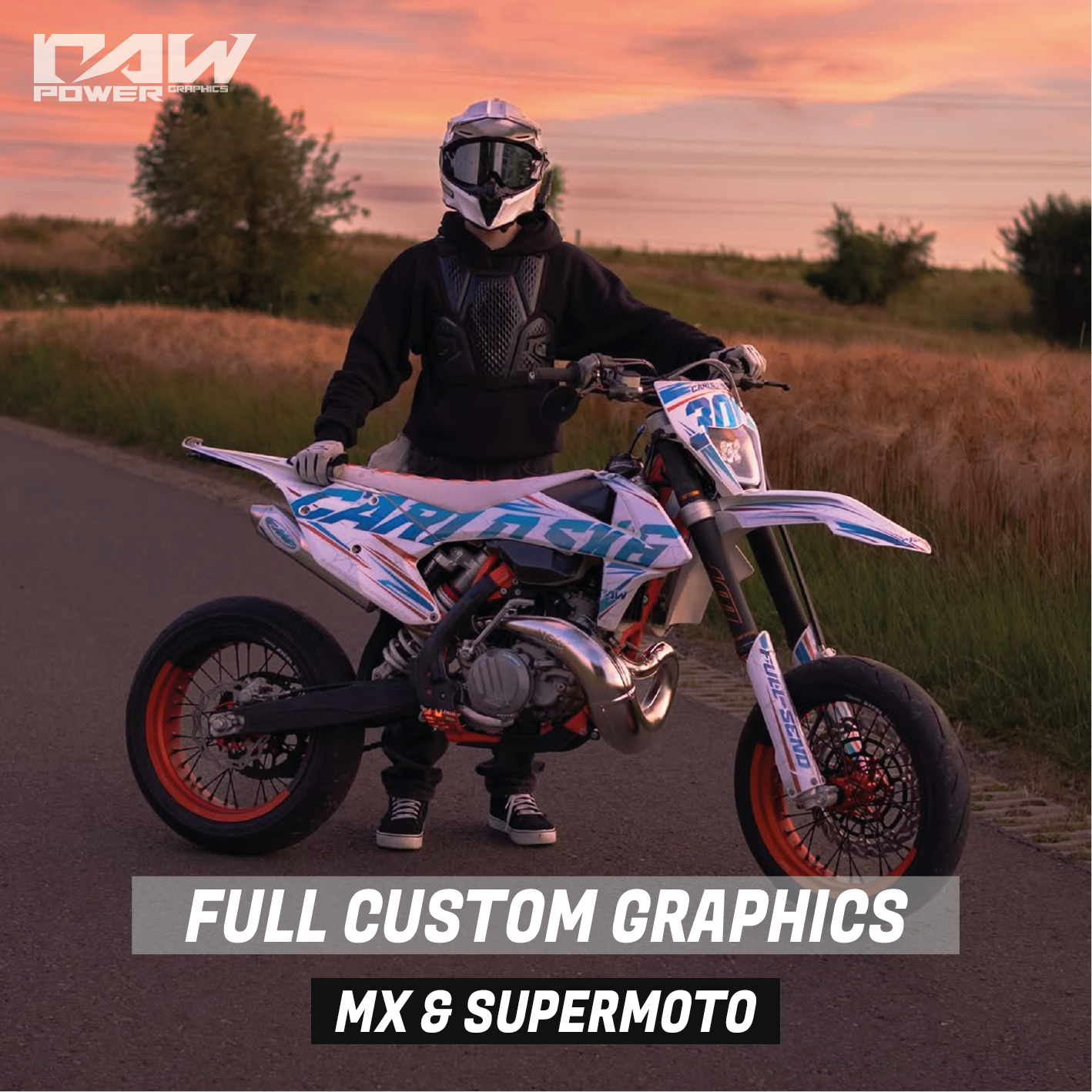 Person on a dirt bike with 'RAW Power' branding and 'Full Custom Graphics MX & Supermoto' text.