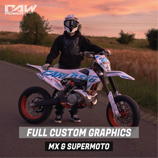 Person on a dirt bike with 'RAW Power' branding and 'Full Custom Graphics MX & Supermoto' text.