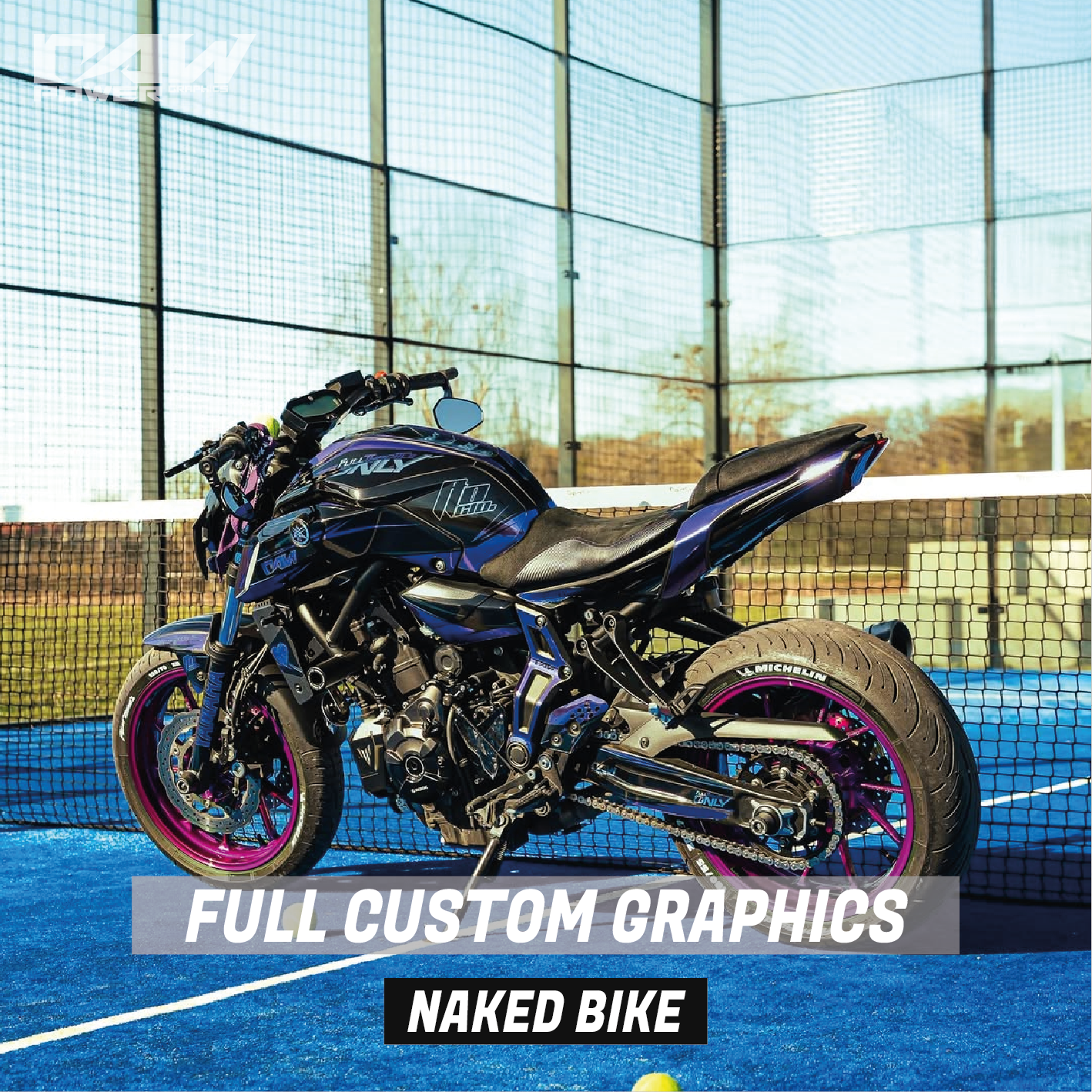Naked bike with full custom graphics on a blue tennis court