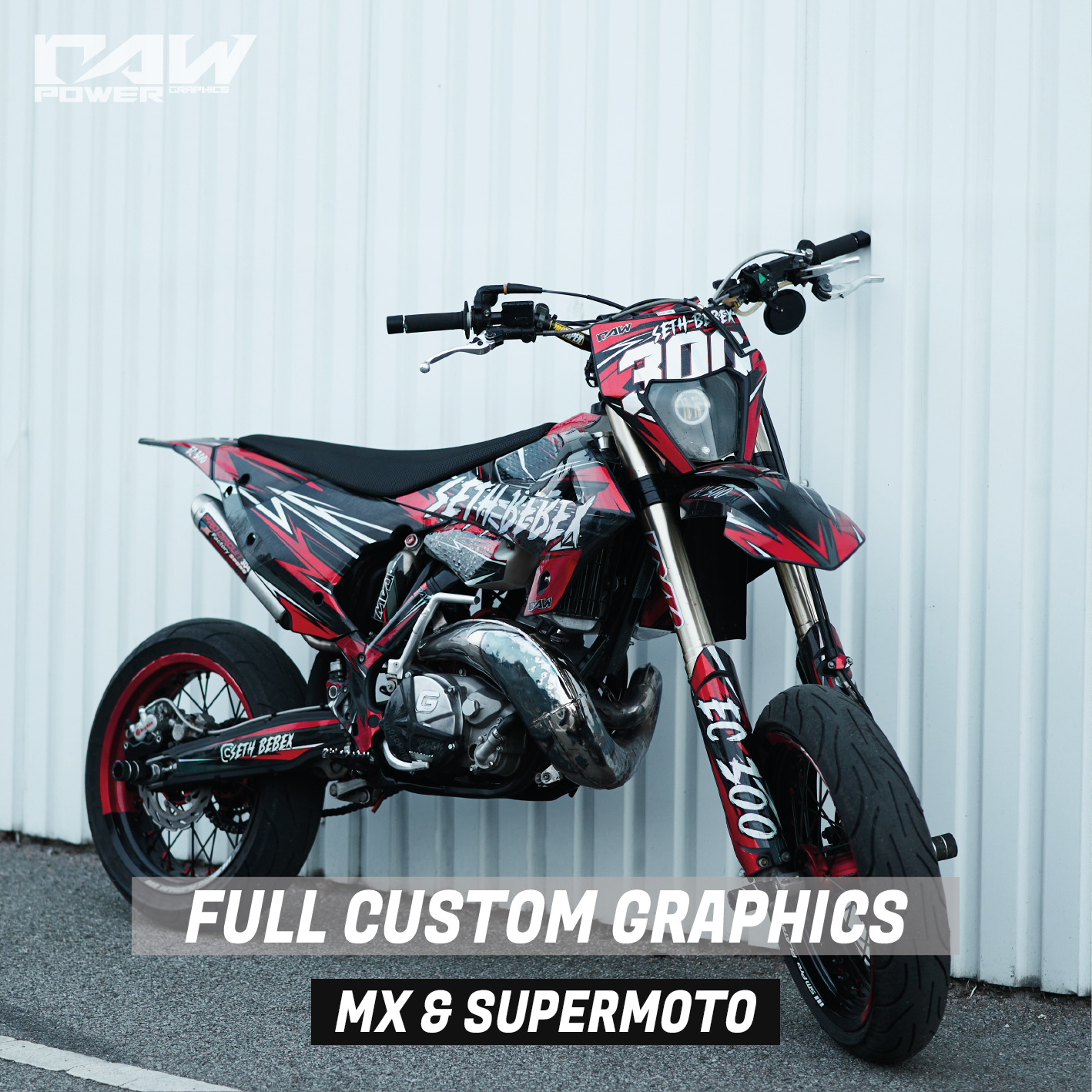 Gasgas ec 300 with full custom graphics against a white wall